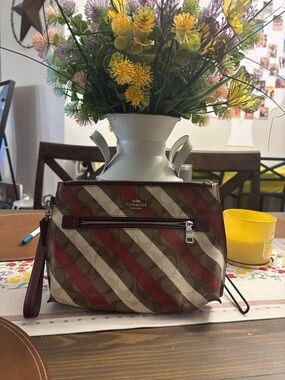 Coach Diagonal Stripe Crossbody Wristlet in Red and Beige